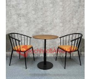 Bộ bàn ghế quán cafe bàn gỗ cao su chân sắt ghế sắt nệm 246