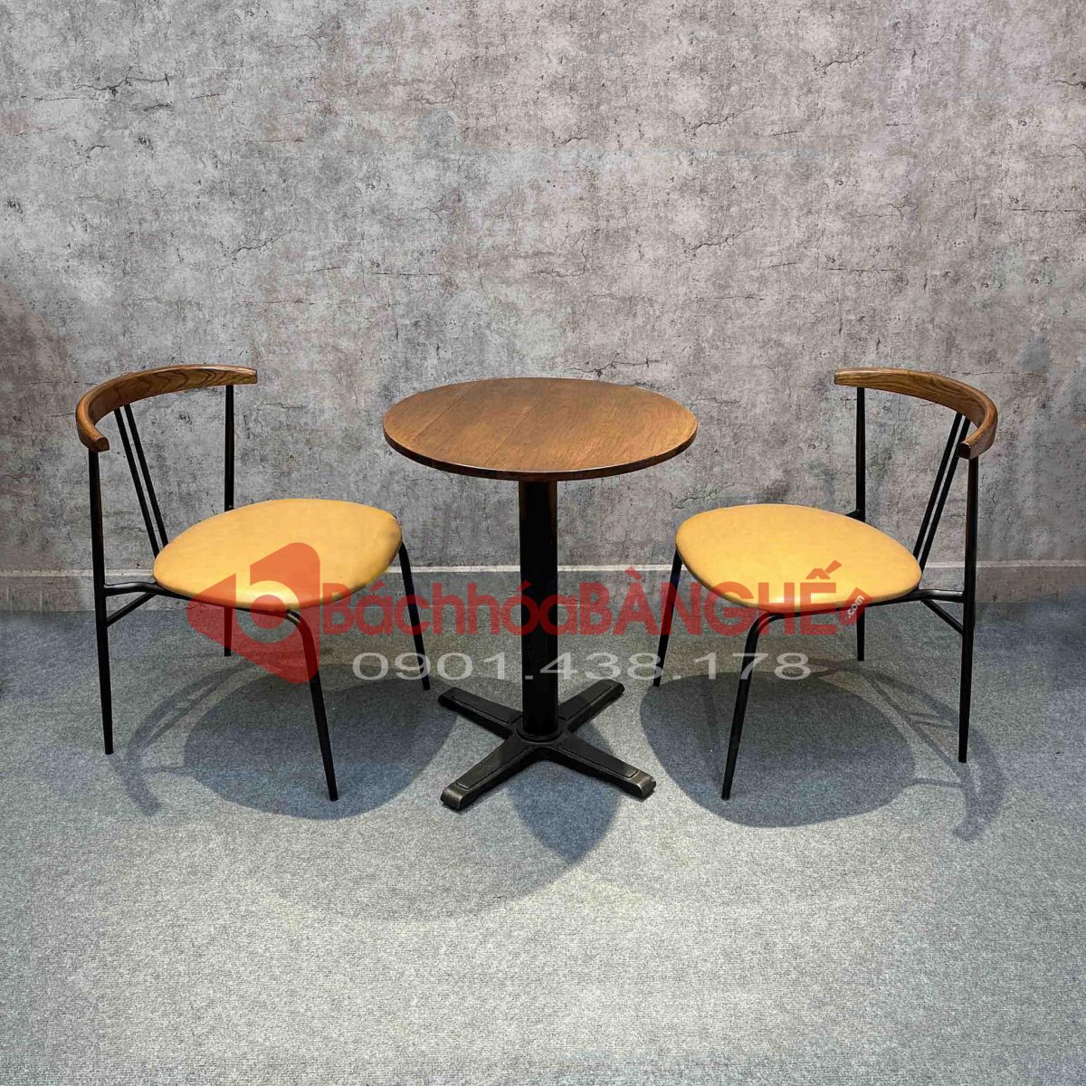 Bộ bàn ghế quán cafe trà sữa nhà hàng mặt gỗ cao su chân sắt 245