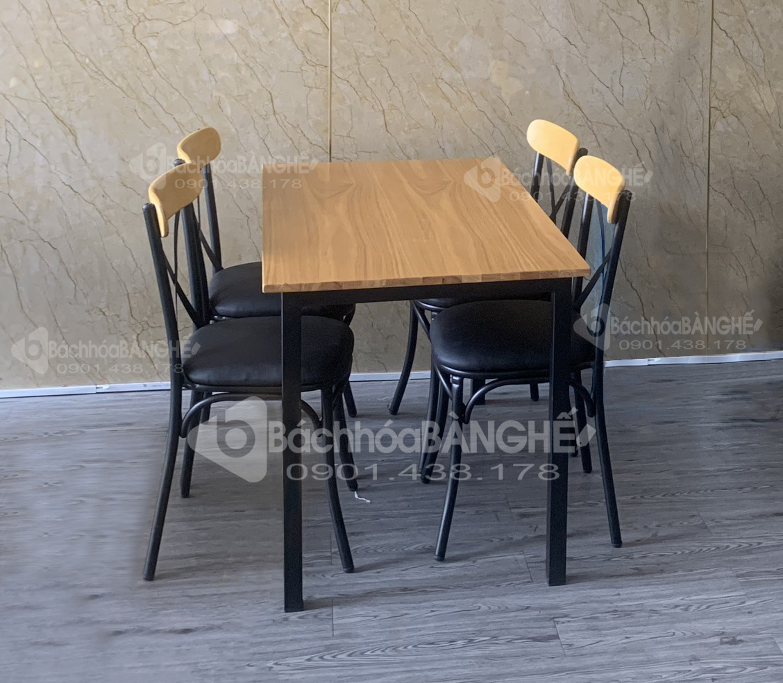 Bộ bàn ghế quán ăn nhà hàng căn tin mặt gỗ chân sắt 203